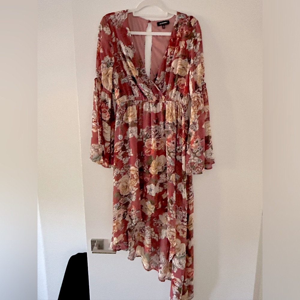 La Charme U Bohemian Floral Print Asymmetrical Dress Red Floral Size M